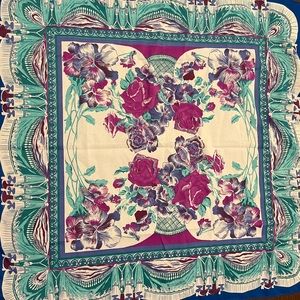 Blue Scarf Blue Floral Purple Roses 100%Acrylic 30x30 Preowned Martinique